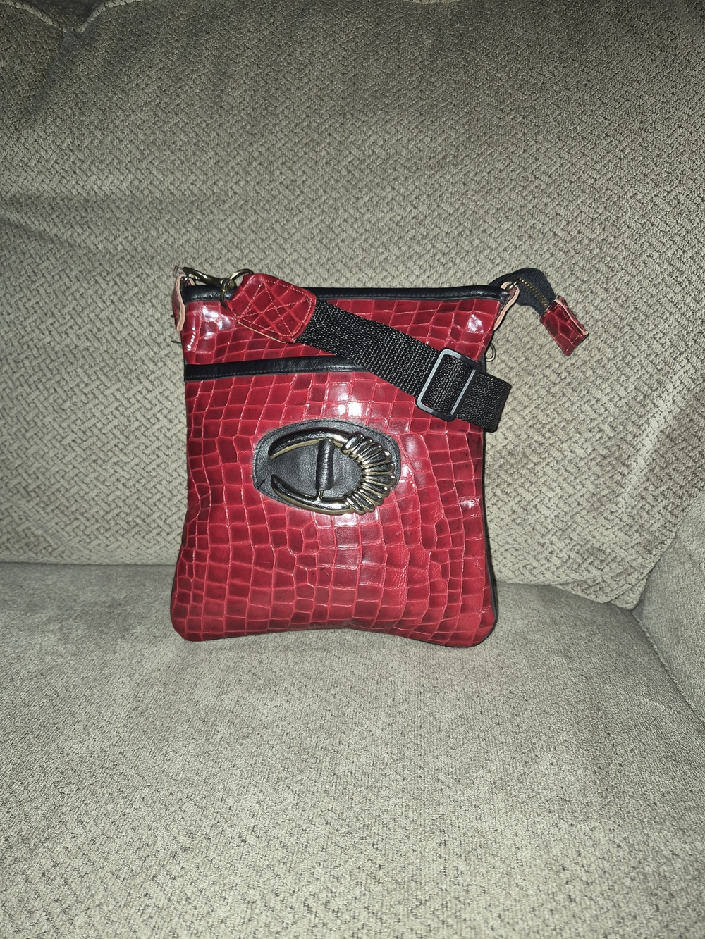 Raphael Red Croc-Embossed Leather  Crossbody Bag with Decorative Buckle